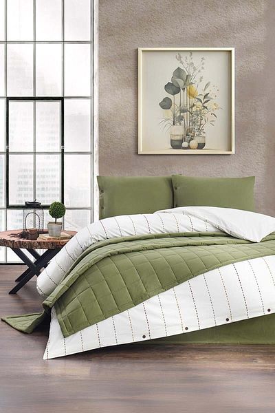 Altınbaşak Freda Double Duvet Cover-Bedspread Set Green (5 Pieces)
