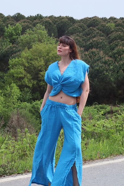 Su Koleksiyon Blue Karma Muslin Blouse & Pantalon Set