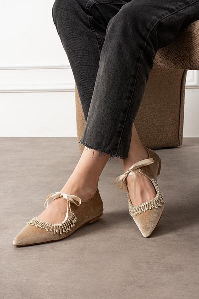 diclepolat Beige Velvet Stone Lacing Detailed, Velsa Model Women's Shoes