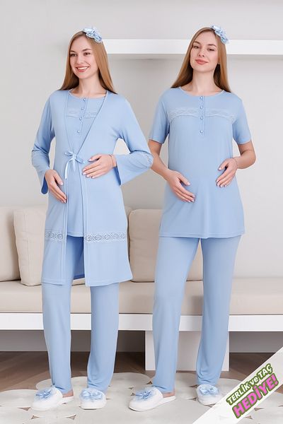 ERDENİZ TEKSTİL Set pijamale de maternitate și de maternitate cu dantelă, detaliu și nasturi în față / papuci și cadou coroană