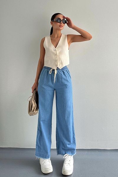 Fashion Friends Pantaloni din denim cu tăietură dreaptă, cu ciucuri, albastru