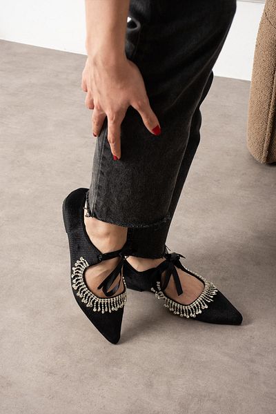 diclepolat Women's Black Velvet Stone Lacing Detail Women's Ballerina Ballet Velsa