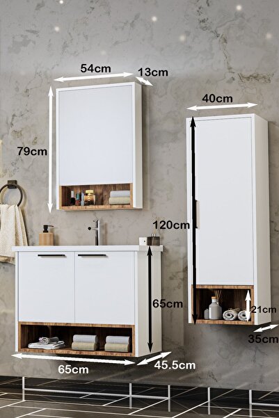 BALNEOM Banyo Karanfil Beyaz 65 Cm Beyaz Banyo Dolabı Ayna Lavabo Boydolabı