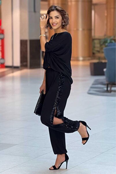 Nevin Kaya Moda Черен памучен шалвар с пайети и цепка