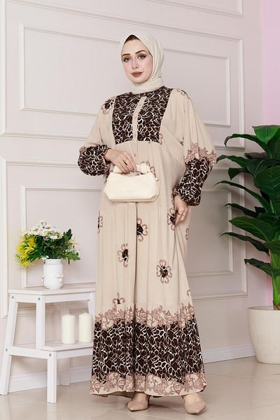 Sevitli Leopard Patterned Robe Viscon Dress-Beige