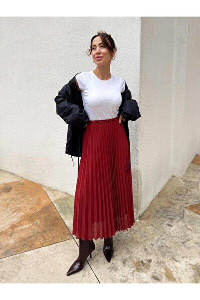 Maldia Shop Women's Elastic Waist Chiffon Pleated Burgundy Skirt