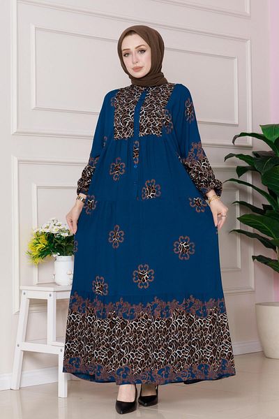Sevitli Leopard Patterned Robe Viscon Dress-Indigo