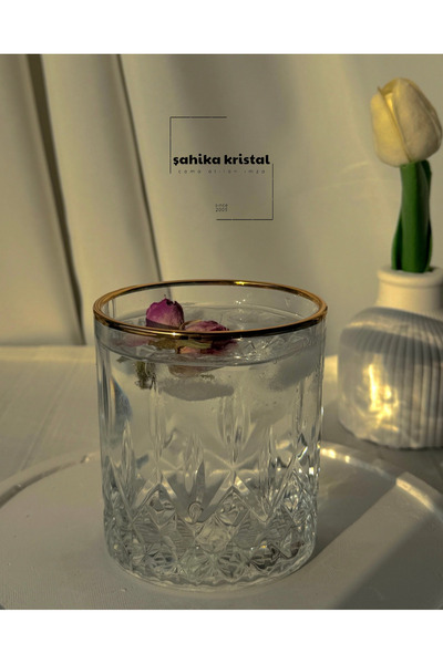 Şahika Kristal cama atılan imza 6 Adet LARA GOLD Yaldızlı Su ve Meşrubat Bard...