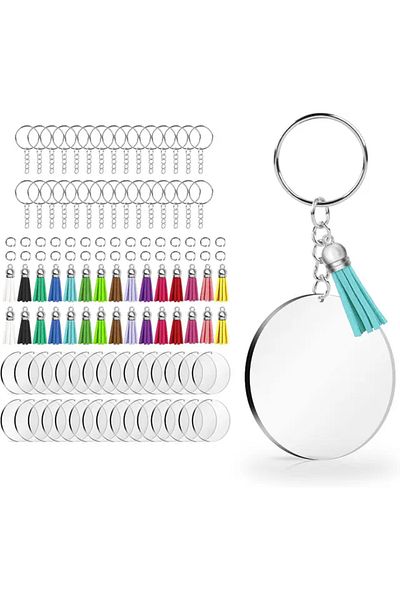 Choice 40PCS Silver 40PCS Acrylic Clear Circle Discs Keychain Set with Leather Tassel Pendant Jump Rings fo
