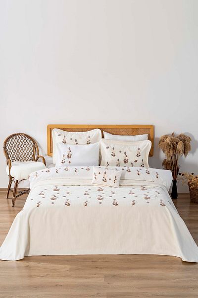 Rivaİstanbul Nova Ecru Punch Embroidered Double Duvet Cover Pique Set - 8 Piece Dowry Set