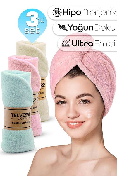 Telvesse Microfiber Hair Towel 3Pcs Set Beach Sea Cap Bath Hair Drying Head Towel