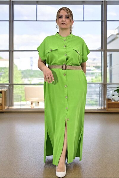 yagmurberen Βαμβακερό φόρεμα βισκόζης σε μεγάλο μέγεθος - Αξεσουάρ με κουμπιά μπροστά και ζώνη