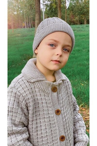 Hilal Akıncı Kids Unisex Buttoned Oversize Long Knitwear Cardigan Beret Double Set
