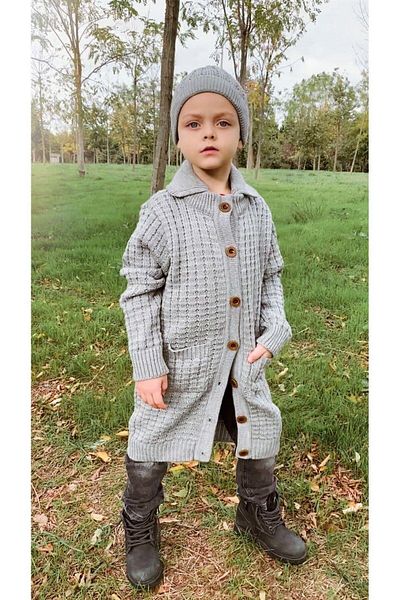 Hilal Akıncı Kids Unisex Buttoned Oversize Long Knitwear Cardigan Beret Double Set