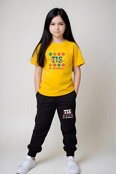 YA KO KİDS Tis Printed Girl's Short Sleeve T-Shirt and Sweatpants Set