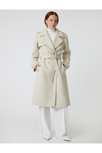 Koton Long Trench Coat Double Breasted Pocket with Belt
