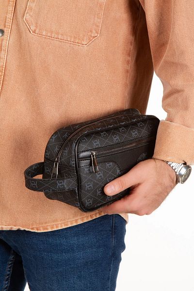 Leyl Men's Black Patterned Fabric Vegan Leather Water Resistant Elegant Portfolio Handbag
