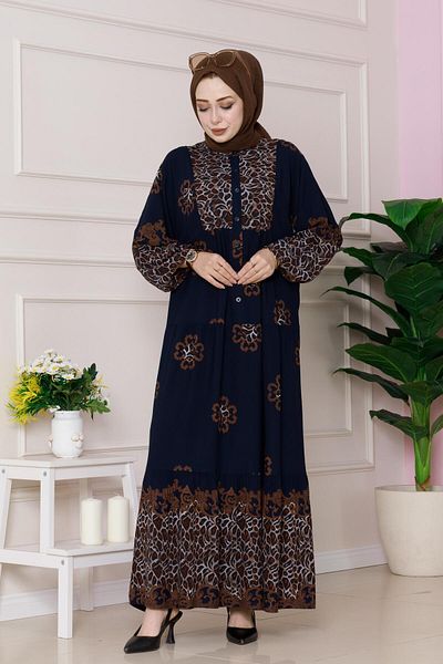 Sevitli Leopard Patterned Robe Viscon Dress-Navy Blue