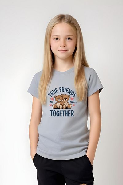 YA KO KİDS Teddy Bear Together Printed Girl's Short Sleeve T-Shirt and Sweatpants Set