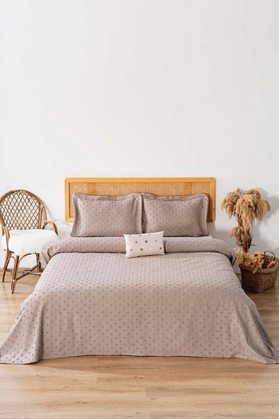 Rivaİstanbul Talya Mink Punch Embroidered Double Bed Cover Set 4 Piece Sleep & Dowry Set