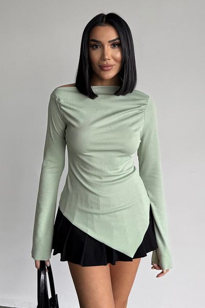 Bipantolon Γυναικεία Πλεκτή Μπλούζα Aqua Green Draped Boat Neck Ασύμμετρη Lycra