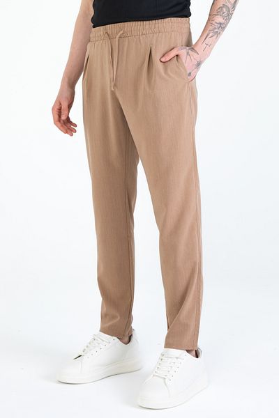 EGHO Men's Side Pocket Pleated Elastic Waist Laced Straight Leg Basic Trousers