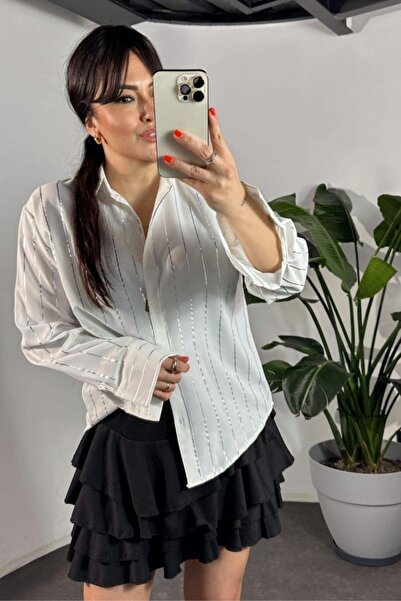 Azıcık Akıllı Cămașă subțire din țesătură jacquard Ital cu dungi Jesica albă, argintiu lucios, 25KGMLP009