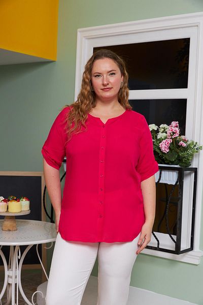 RMG Φούξια πουκάμισο Voile Viscose Plus Size με λεπτομέρεια στο μανίκι
