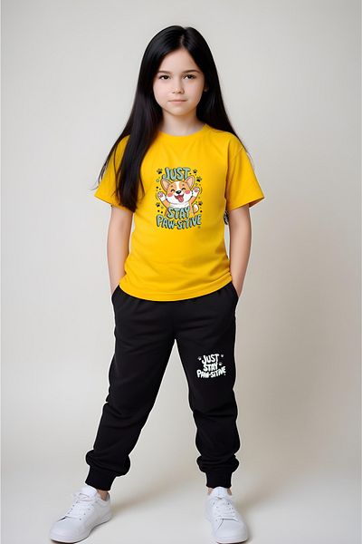 YA KO KİDS Stay Paw-Sitive Printed Girls Short Sleeve T-Shirt and Sweatpants Bottom-Top Set