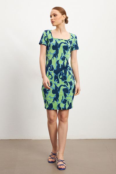MODAGEN Rochie de damă cu guler pătrat verde albastru cu mânecă scurtă