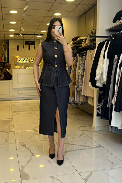 Vosse Miarte Lacivert Yırtmaçlı Aksesuarlı Etek