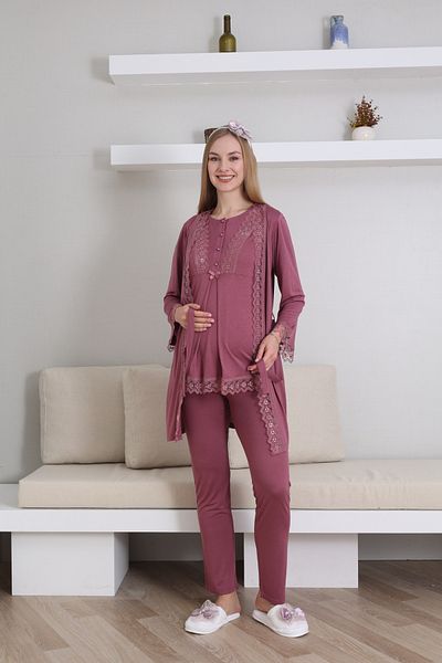 ERDENİZ TEKSTİL Maternity-Pregnant Pajama Set with Dressing Gown, Short Sleeves, Button Collar, Set of 3