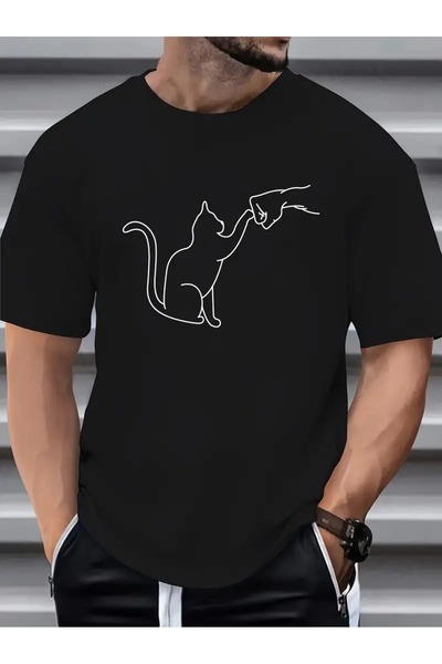 WOODROFFE Ανδρικό μαύρο μπλουζάκι φιλικό προς τις γάτες Oversize Loose Boyfirend