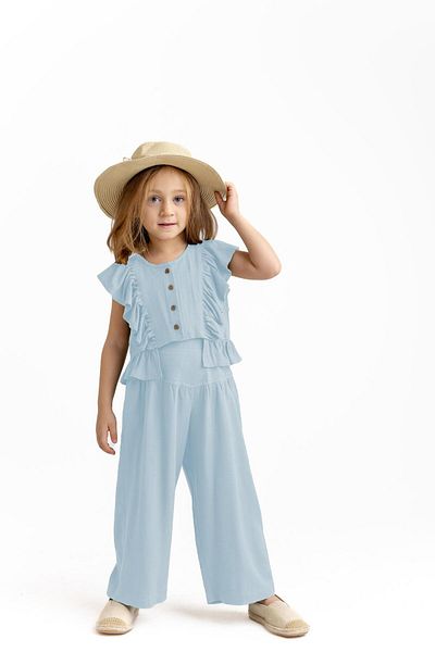 Oliven The Kid Blue Girl's Trousers - Corsage Gathered Linen