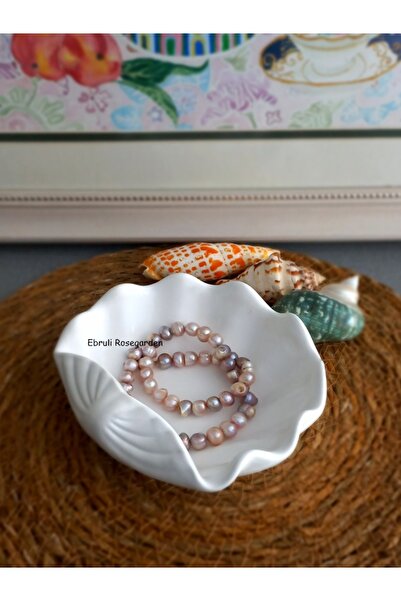 Ebruli Rosegarden Büyük Deniz Kabuğu Dekoratif Tabak Beyaz ve Tealight Mum