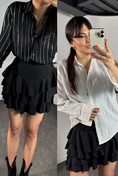 Azıcık Akıllı Cămașă subțire din țesătură jacquard Ital cu dungi Jesica albă, argintiu lucios, 25KGMLP009