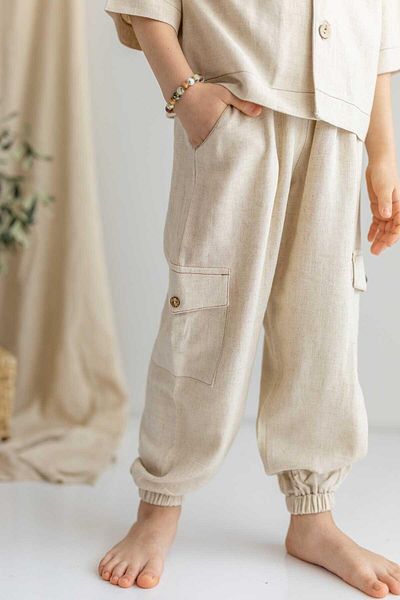 Oliven The Kid Beige Linen Boy's Pants with Elastic Waist and Buttons and Pocket Detail