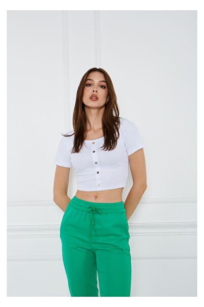 TIFFANY&TOMATO Önü Düğme Detaylı Crop Tshirt-beyaz