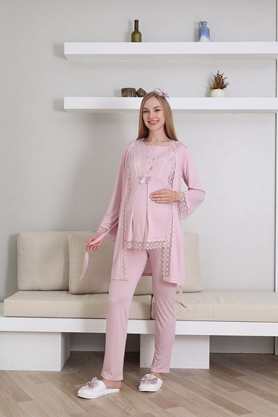 ERDENİZ TEKSTİL Maternity-Pregnant Pajama Set with Dressing Gown, Short Sleeves, Button Collar, Set of 3