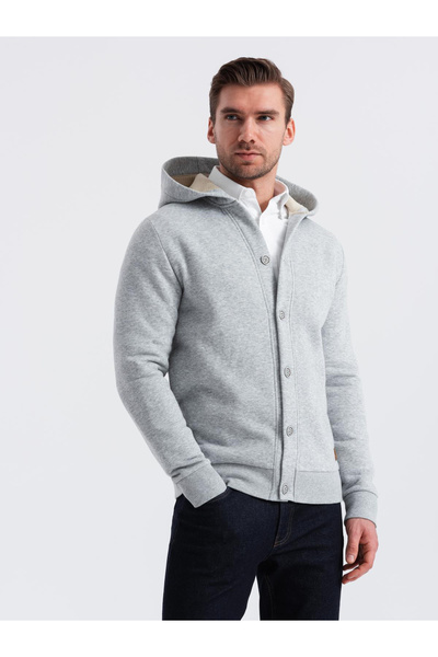 OMBRE Herren-Sweatshirt mit Kapuze und Knopfleiste - grau meliert V2 OM-SSZP-0186 XXL