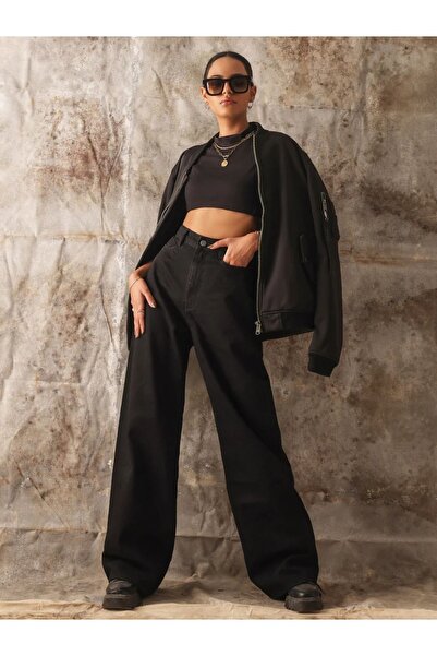ByCukurovaFrango Black Super Extra High Waist Wide Leg Palazzo Loose Jean Tro...