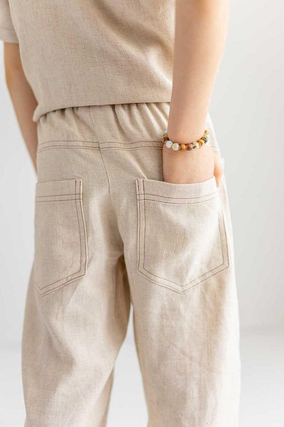 Oliven The Kid Beige Natural Linen Elastic Waist Pocket Wide Leg Boy's Trousers