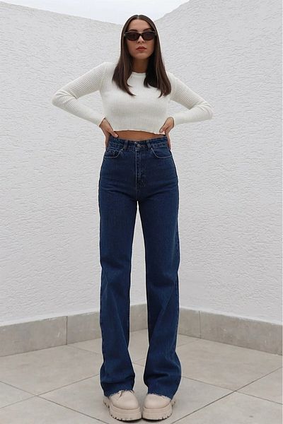 TugsatTasarTekstil Pantaloni de blugi Palazzo Jean cu talie înaltă albastru închis