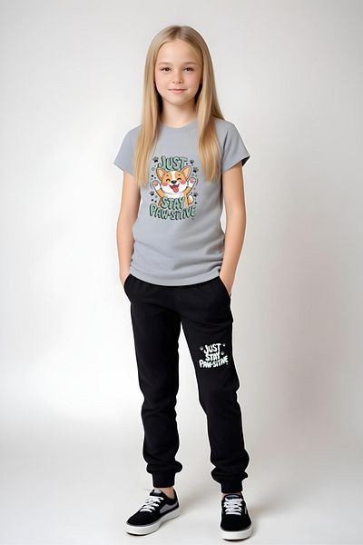 YA KO KİDS Stay Paw-Sitive Printed Girls Short Sleeve T-Shirt and Sweatpants Bottom-Top Set