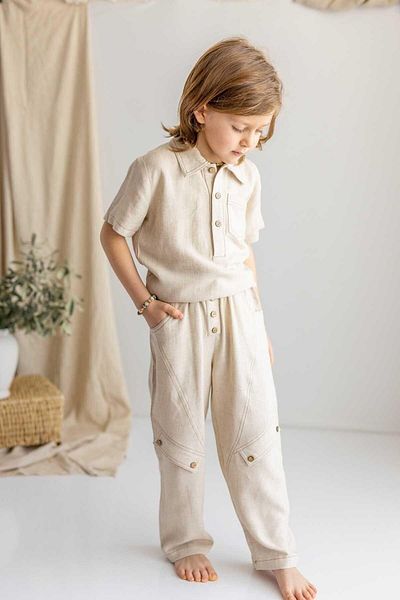 Oliven The Kid Beige Natural Linen Elastic Waist Pocket Wide Leg Boy's Trousers
