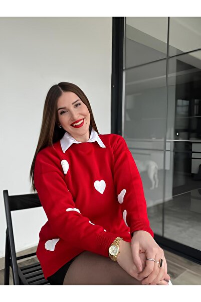 outfit life Kadın Kabartma Kalpli Triko Kazak