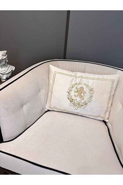 ref crea Royal Throw Pillow with Lion Symbol Embroidery - Ecru Gold