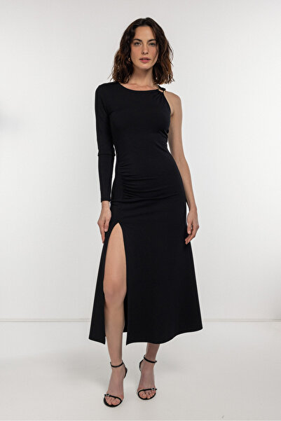 boneqa barcelona Gold Toka Detaylı Tek Kollu Elbise