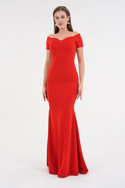 WOMAN VISION Rochie maxi de damă, roșie, din țesătură creponată, cu decolteu în formă de inimă, cu umăr dezactivat 582988