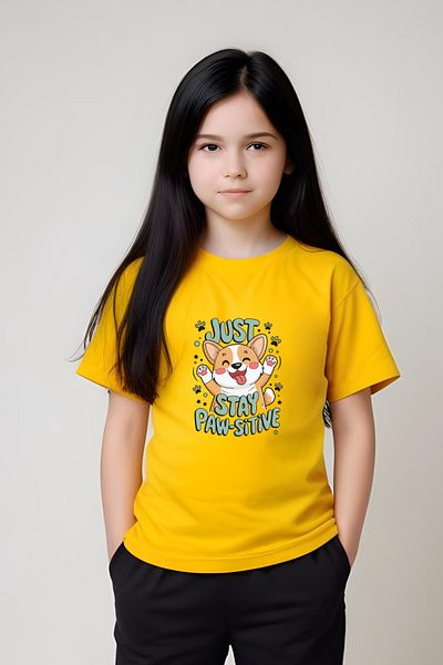 YA KO KİDS Stay Paw-Sitive Printed Girls Short Sleeve T-Shirt and Sweatpants Bottom-Top Set
